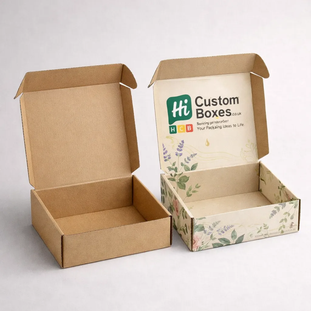 Two open cardboard mailer boxes, one plain brown and one printed with custom floral motifs. class=